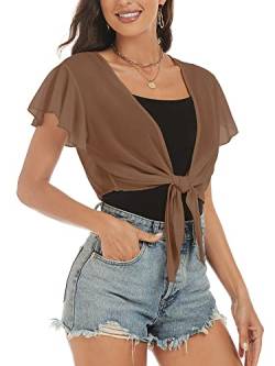 ZAFUL Damen Chiffon Cropped Bolero Sheer Shrugs for Kleid Kurzarm Tie Front Cardigan, Kaffee, X-Groß von ZAFUL