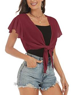 ZAFUL Damen Chiffon Cropped Bolero Sheer Shrugs for Kleid Kurzarm Tie Front Cardigan, Weinrot, Mittel von ZAFUL