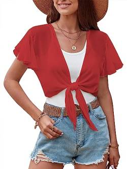 ZAFUL Damen Chiffon Cropped Bolero Sheer Shrugs für Kleid Kurzarm Krawatte vorne Cardigan, Rot/Ausflug, einfarbig (Getaway Solids), X-Groß von ZAFUL