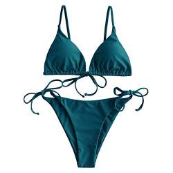 ZAFUL Damen Gepolstert Bikini Set, Einfarbig Bikini Badeanzug mit Dreieck Cup Spaghetti-Träger (Pfauenblau, S) von ZAFUL