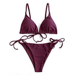 ZAFUL Damen Gepolstert Bikini Set, Einfarbig Bikini Badeanzug mit Dreieck Cup Spaghetti-Träger (Weinrot, S) von ZAFUL