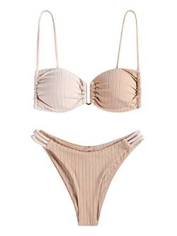 ZAFUL Damen High Cut V-Wire Bikini Sets Riemchen Seite Dreieck Bottom Lace Up 2 Stück Badeanzug, Heller Kaffee, Large von ZAFUL