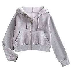 ZAFUL Damen Hoodie, Drawstring Zip Up Cropped Hoodie Sreetwear Basic Sweatshirt (Grau,M) von ZAFUL