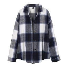 ZAFUL Damen Plaid Langarmshirt Button Down Wollmischung Dünne Jacke Casual Bluse Tops mit Tasche,Blue-17，M von ZAFUL