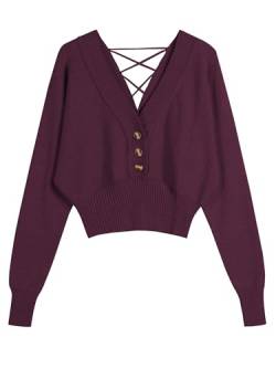 ZAFUL Damen Pullover mit V-Ausschnitt und Knöpfen, Fledermausärmel, V-Rücken, gerippter Saum, Pullover, A-dark purple, Groß von ZAFUL