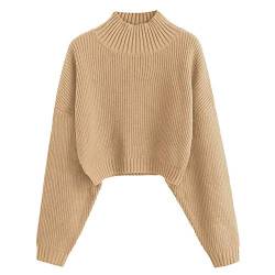 ZAFUL Damen Rollkragenpullover, Kurzer Pullover, Langarm Jumper Sweater (A-Khaki, L) von ZAFUL