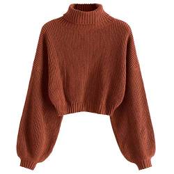 ZAFUL Damen Rollkragenpullover, Kurzer Pullover, Langarm Jumper Sweater (Kastanienrot, S) von ZAFUL