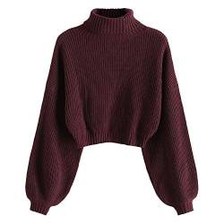ZAFUL Damen Rollkragenpullover, Kurzer Pullover, Langarm Jumper Sweater (Weinrot, S) von ZAFUL