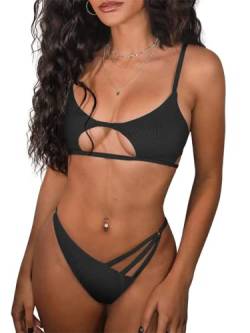 ZAFUL Damen Sexy Cutout Bikini Tanga Bikini Set Tie Back Zweiteiliger Badeanzug Badeanzug, 0-schwarz, S von ZAFUL