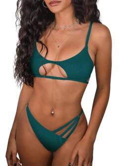 ZAFUL Damen Sexy Cutout Bikini Tanga Bikini Set Tie Back Zweiteiliger Badeanzug Badeanzug, 1-a-deep green, Large von ZAFUL