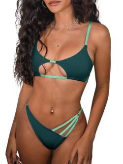 ZAFUL Damen Sexy Cutout Bikini Tanga Bikini Set Tie Back Zweiteiliger Badeanzug Badeanzug, 2-a-tiefgrün, Medium von ZAFUL