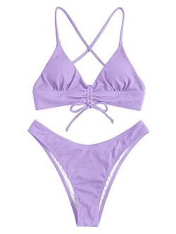 ZAFUL Damen Sexy Triangel Bikini Set Blumendruck Spaghettiträger 2 Stück Badeanzug Crisscross High Cut Badeanzug, 1-lila, Large von ZAFUL