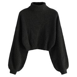 ZAFUL Damen Sweater, Rollkragen Laterne Ärmel Sweatshirt Drop Schulter Pullover Sweater(Schwarz, S) von ZAFUL