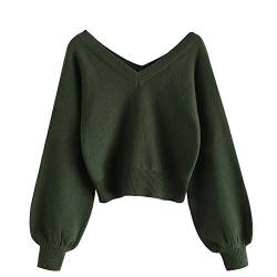 ZAFUL Damen Sweater, langärmelige doppeltem V-Ausschnitt Laterne Ärmel Kurzer Pullover Sweater (Grün M) von ZAFUL