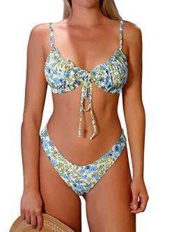 ZAFUL Damen Triangel Bikini Floral Rüschen Fliege Tie Up Bikini Set Zweiteiliger Badeanzug, A-blau, S von ZAFUL