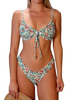 ZAFUL Damen Triangel Bikini Floral Rüschen Fliege Tie Up Bikini Set Zweiteiliger Badeanzug, A-grün, XL von ZAFUL