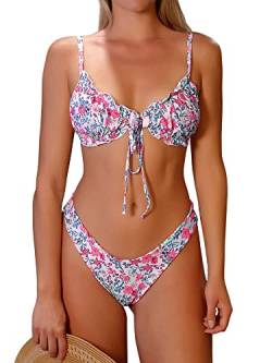 ZAFUL Damen Triangel Bikini Floral Rüschen Fliege Tie Up Bikini Set Zweiteiliger Badeanzug, A-rosa, XL von ZAFUL