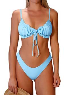 ZAFUL Damen Triangel Bikini Floral Rüschen Fliege Tie Up Bikini Set Zweiteiliger Badeanzug, B-Blau, Medium von ZAFUL