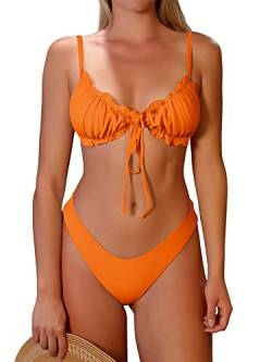 ZAFUL Damen Triangel Bikini Floral Rüschen Fliege Tie Up Bikini Set Zweiteiliger Badeanzug, B-Orange, S von ZAFUL