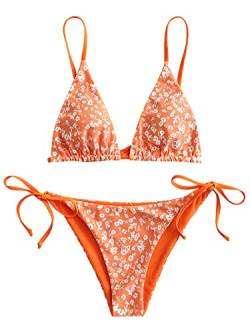 ZAFUL Damen Triangel Bikini Floral String Bikini Set Zweiteiliger Badeanzug Badeanzüge, 2-Kürbisorange, Small von ZAFUL