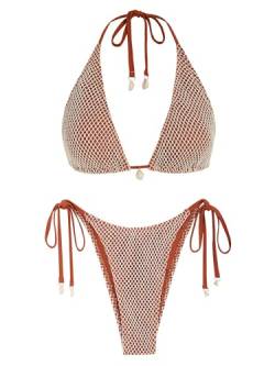 ZAFUL Damen Triangel Bikini Multiway Fischnetz Krawatte Seite Bandeau Halfter String Bikini Set Zweiteiliger Badeanzug Badeanzüge, 1 - Kaffeebraun, S von ZAFUL