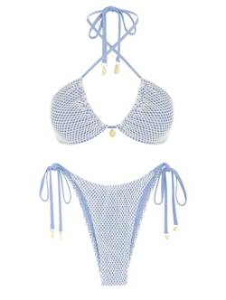 ZAFUL Damen-Triangel-Bikini Multiway Fischnetz seitlich gebunden Bandeau-Neckholder-String-Bikini-Set Zweiteiliger Badeanzug Badeanzüge(1-Hellblau,M) von ZAFUL