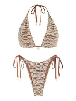 ZAFUL Damen-Triangel-Bikini Multiway Fischnetz seitlich gebunden Bandeau-Neckholder-String-Bikini-Set Zweiteiliger Badeanzug Badeanzüge(1-Kaffee,M) von ZAFUL