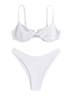 ZAFUL Damen Twist Front Bikini Sets Bügel Tie Back Bikini Hohe Taille Zweiteiliger Badeanzug, 1-weiß, Medium von ZAFUL