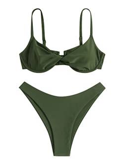 ZAFUL Damen Twist Front Bikini Sets Tie Back Bikini High Waist Zweiteiliger Badeanzug, 1-oliv grün, Medium von ZAFUL