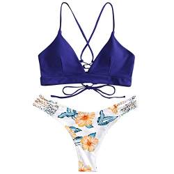 ZAFUL Damen Zweiteilig Bikini-Set mit Flechtgurt verstellbarem BH Push-Up Rücken, Triangle Bustle Badehose mit Blummenmuster (Blau, S) von ZAFUL