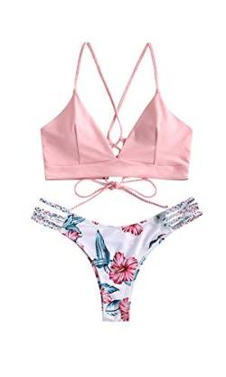 ZAFUL Damen Zweiteilig Bikini-Set mit Flechtgurt verstellbarem BH Push-Up Rücken, Triangle Bustle Badehose mit Blummenmuster (Rosa, XL) von ZAFUL