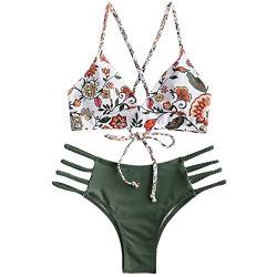 ZAFUL Damen Zweiteilig Bikini-Set mit Flechtgurt verstellbarem BH Push-Up Rücken, Triangle Einfarbig Badehose mit Blummenmuster (Grün-2, L) von ZAFUL