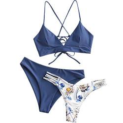 ZAFUL Damen Bikini-Set 3 Pieces mit Blumenmuster gepolstegrte Push-Up BH mit Flechtgurt Cami Triangel Cheeky Badeanzug Bademode (3-Pfauenblau,L) von ZAFUL