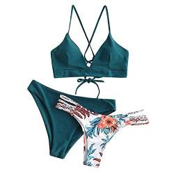 ZAFUL Damen Zweiteilig Bikini-Set mit verstellbarem BH Push-Up Rücken, Triangle Bustle Badehose mit Blummenmuster (Pfauenblau, S) von ZAFUL