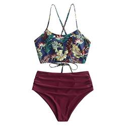 ZAFUL Damen Zweiteiliger Bikinis, gepolsterter Badeanzug mit Blattdruck Schnür-Tankini Oberteil hochtaillierte Shorts gemischter Badeanzug (Blätter-Rot, M) von ZAFUL