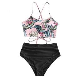 ZAFUL Damen Zweiteiliger Bikinis, gepolsterter Badeanzug mit Blattdruck Schnür-Tankini Oberteil hochtaillierte Shorts gemischter Badeanzug (Blätter-Schwarz, L) von ZAFUL