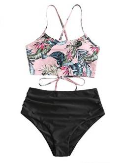 ZAFUL Damen Zweiteiliger Bikinis, gepolsterter Badeanzug mit Blattdruck Schnür-Tankini Oberteil hochtaillierte Shorts gemischter Badeanzug (Blätter-Schwarz, XL) von ZAFUL