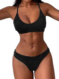 ZAFUL Damen Zweiteiliger U-Ausschnitt Bikini Crop Top Criss Cross Push Up Bikini Set Tanks Top Badeanzug, A- Black, Medium von ZAFUL