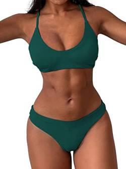 ZAFUL Damen Zweiteiliger U-Ausschnitt Bikini Crop Top Criss Cross Push Up Bikini Set Tanks Top Badeanzug, A - Dunkelgrün, Large von ZAFUL