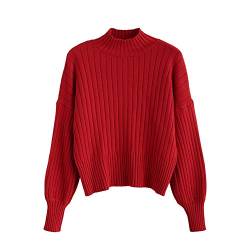 ZAFUL Damen einfarbig Pullover, Rundausschnitt lose Langarm Sweatshirt mit Laterne Ärmel (Rot1, One Size) von ZAFUL