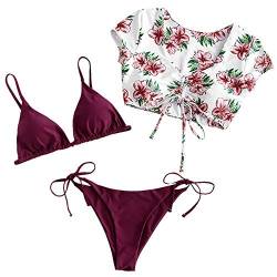 ZAFUL Gepolsterte Bikini Set, Tie-Dye-Druck Spitze Dreieck Cup + Weste Oberteil dreiteilig Sets Niedrigtaile gebundene Badeshorts (Kastanienbraun, M) von ZAFUL