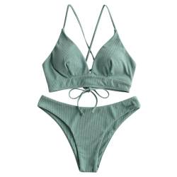 ZAFUL Geripptes Cami-Bikini-Set mit Schnürung, gepolstert, Zweiteiliger Badeanzug, Badebekleidung für Damen (1-Schildkrötengrün,S) von ZAFUL