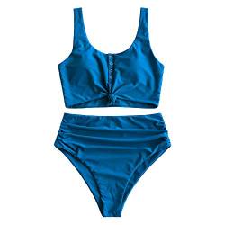 ZAFUL High Waist Bauchweg Bikini Set Kippschalter Verknotet Gepolstert Zwei Stück Gerafft Tankini Badeanzug Bademode für Damen (Blau,XL) von ZAFUL
