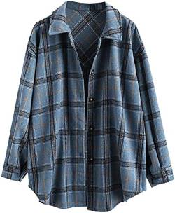 ZAFUL Kariertes Langarmhemd für Damen mit Knöpfen, Wollmischung, dünne Jacke, lässige Bluse, Oberteile mit Tasche,Blau-1,L von ZAFUL