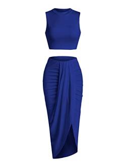 ZAFUL Lässiges ärmelloses Sommer-Outfit für Damen, zweiteilig, bauchfreies Top und seitlich geteilt, drapiert, gerüscht, Maxirock-Set, solider Anzug, B-royal blau, L von ZAFUL