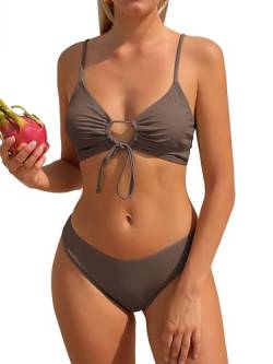 ZAFUL O-Ring Ausgeschnitten Kordelzug an der Brust Cami Bikini-Set Gepolstert Zwei Stück Badeanzug Bademode für Damen (1-Grau,S) von ZAFUL