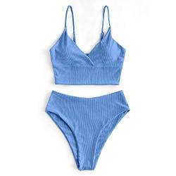 ZAFUL Ribbed High Cut Surplice Tankini Swimsuit-Blue L von ZAFUL