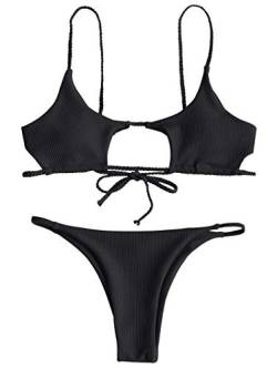 ZAFUL Strukturiertes Bügel-Bikini-Set für Damen, V-Ausschnitt, hoch geschnitten, Badebekleidung, seitlich gebunden, gerippt, sexy Badeanzüge von ZAFUL