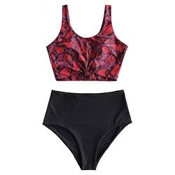 ZAFUL Tankini Bademode Set, Zweiteiliger Tankini-Badeanzug mit gepolstert verknotet Oberteil/hoher Taille/Mischen & Anpassen Tierdruck Beachwear für Damen (Schlangenmuster, S) von ZAFUL