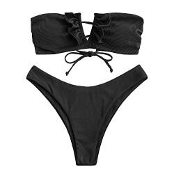 ZAFUL V-Verdrahtet Gerippt Fest Hoher Schnitt Bandeau Bikini Set Gepolstert Zwei Stücke Badeanzug Bademode für Damen (C-Schwarz,L) von ZAFUL